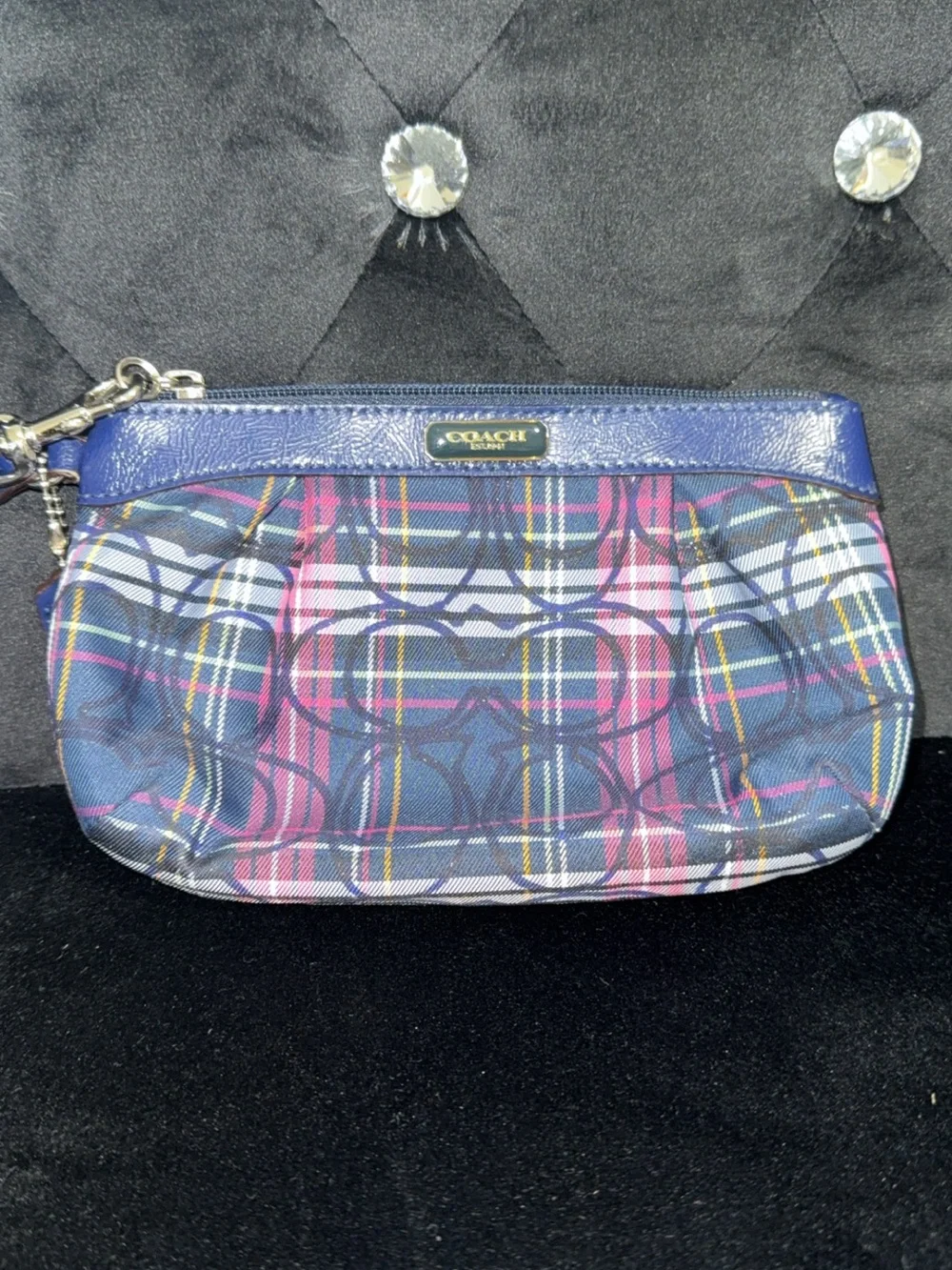 Coach Poppy Navy Plaid Wristlet with Pink and Yellow Accents